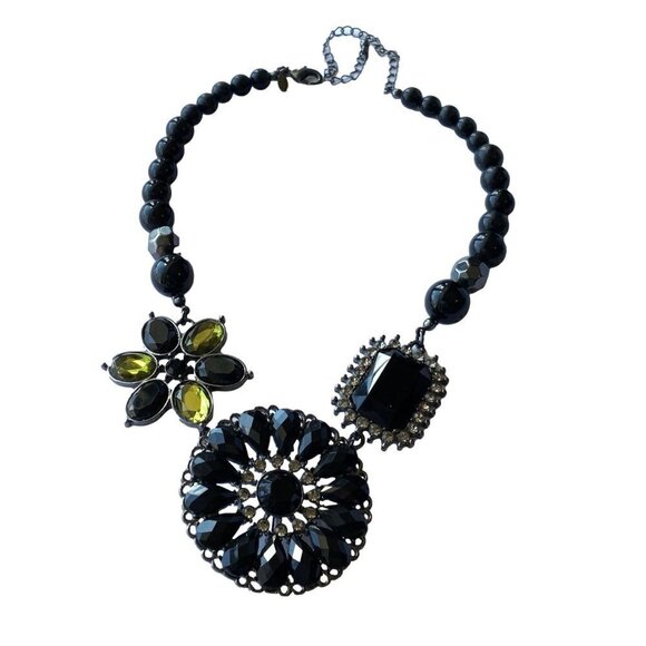Premier Designs Statement Necklace Black Flower Rhinestone Adjustable Length - Picture 1 of 4